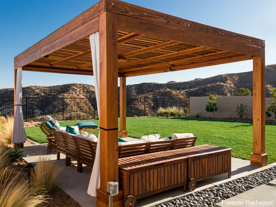 Modern Fat Timber Pergola (Options: 20' L x 14' W, California Redwood, No Rain Guard, 9 ft H, 1 Electrical Wiring Trim, 4 Curtain Rods, 4-Post Anchor Kit for High-Wind, No Post Decorative Trims, 1 Ceiling Fan Base, Transparent Premium Sealant).