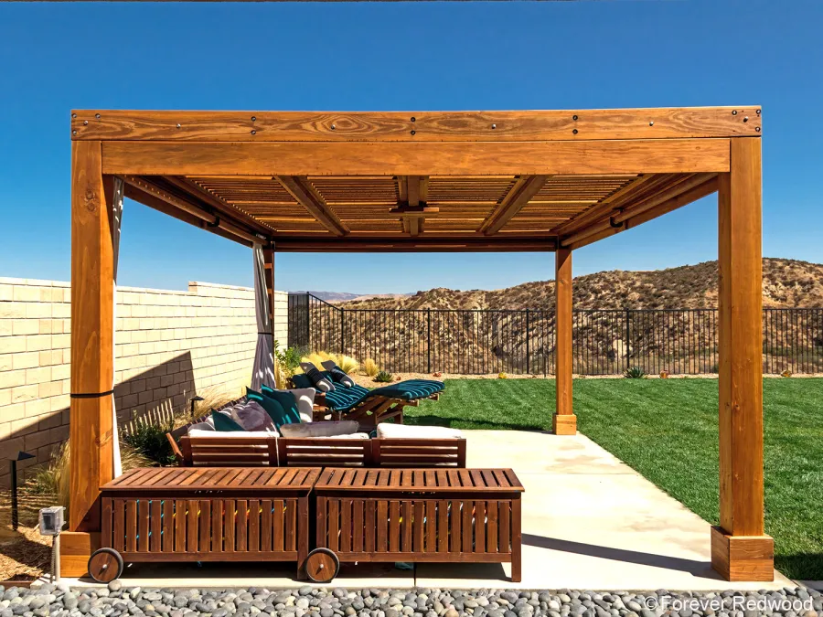 Modern Fat Timber Pergola (Options: 20' L x 14' W, California Redwood, No Rain Guard, 9 ft H, 1 Electrical Wiring Trim, 4 Curtain Rods, 4-Post Anchor Kit for High-Wind, No Post Decorative Trims, 1 Ceiling Fan Base, Transparent Premium Sealant).