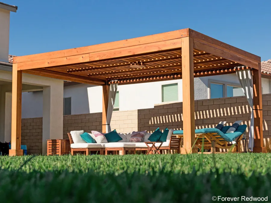 Modern Fat Timber Pergola (Options: 20' L x 14' W, California Redwood, No Rain Guard, 9 ft H, 1 Electrical Wiring Trim, 4 Curtain Rods, 4-Post Anchor Kit for High-Wind, No Post Decorative Trims, 1 Ceiling Fan Base, Transparent Premium Sealant).