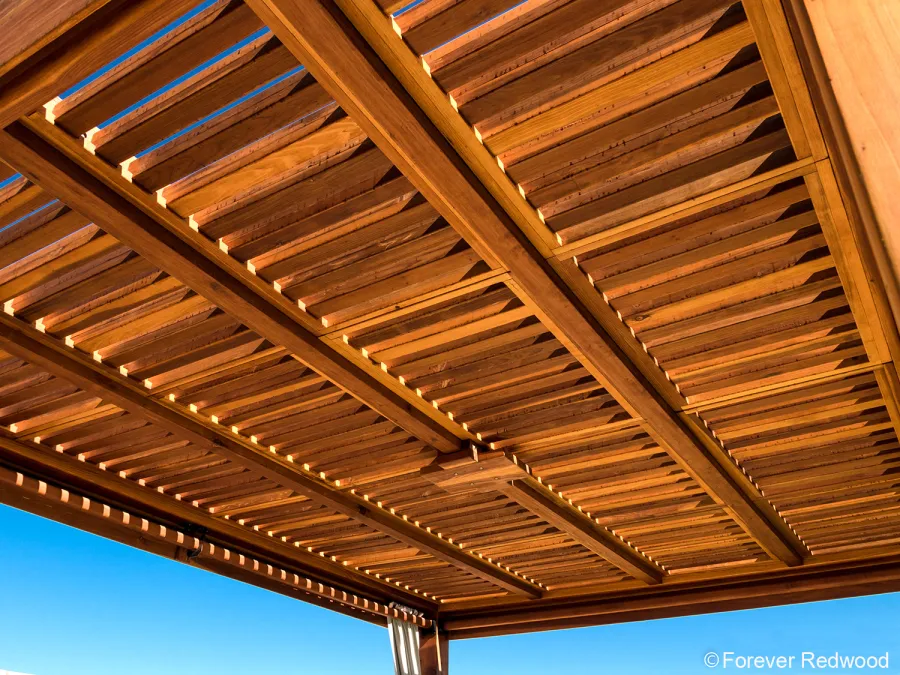 Modern Fat Timber Pergola (Options: 20' L x 14' W, California Redwood, No Rain Guard, 9 ft H, 1 Electrical Wiring Trim, 4 Curtain Rods, 4-Post Anchor Kit for High-Wind, No Post Decorative Trims, 1 Ceiling Fan Base, Transparent Premium Sealant).