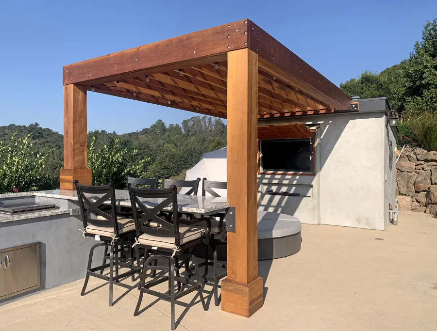 Custom Modern Fat Timber Pergola (Options: 20' L x 14' W, California Redwood, No Rain Guard, 9 ft H, No Electrical Wiring Trim, No Curtain Rods, Attached to Existing Building, 2-Post Anchor Kit for Concrete, No Post Decorative Trims, No Ceiling Fan Base, Transparent Premium Sealant). Photo Courtesy of Andy D'amico of Soquel, CA.