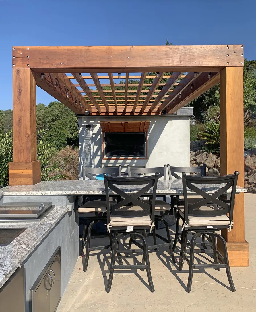 Custom Modern Fat Timber Pergola (Options: 20' L x 14' W, California Redwood, No Rain Guard, 9 ft H, No Electrical Wiring Trim, No Curtain Rods, Attached to Existing Building, 2-Post Anchor Kit for Concrete, No Post Decorative Trims, No Ceiling Fan Base, Transparent Premium Sealant). Photo Courtesy of Andy D'amico of Soquel, CA.