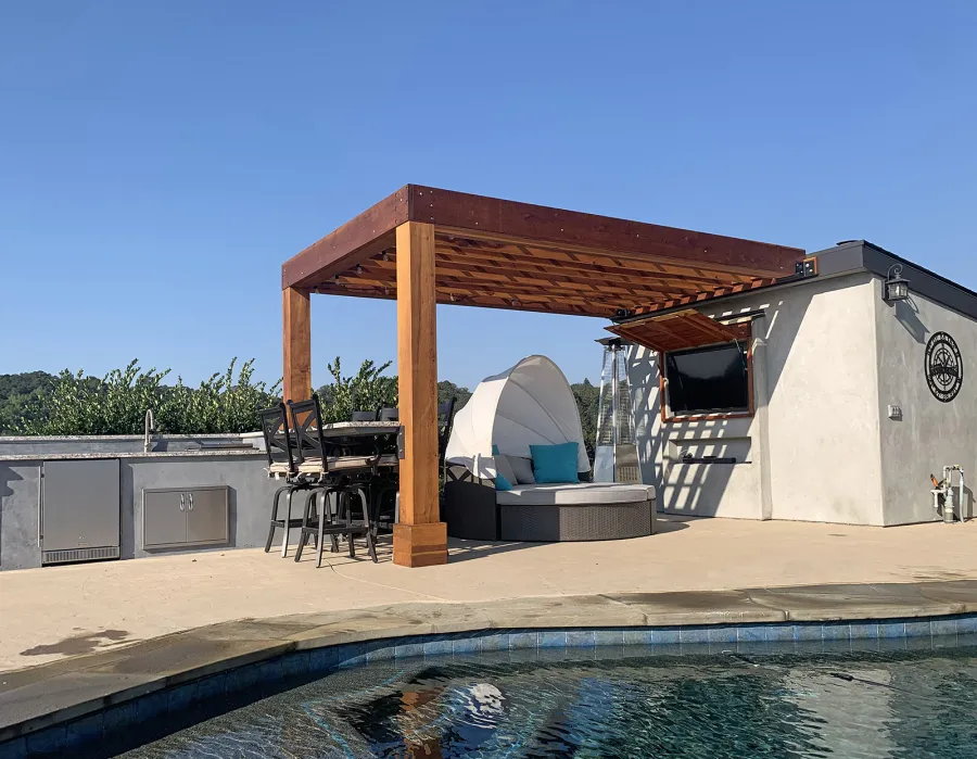 Custom Modern Fat Timber Pergola (Options: 20' L x 14' W, California Redwood, No Rain Guard, 9 ft H, No Electrical Wiring Trim, No Curtain Rods, Attached to Existing Building, 2-Post Anchor Kit for Concrete, No Post Decorative Trims, No Ceiling Fan Base, Transparent Premium Sealant). Photo Courtesy of Andy D'amico of Soquel, CA.