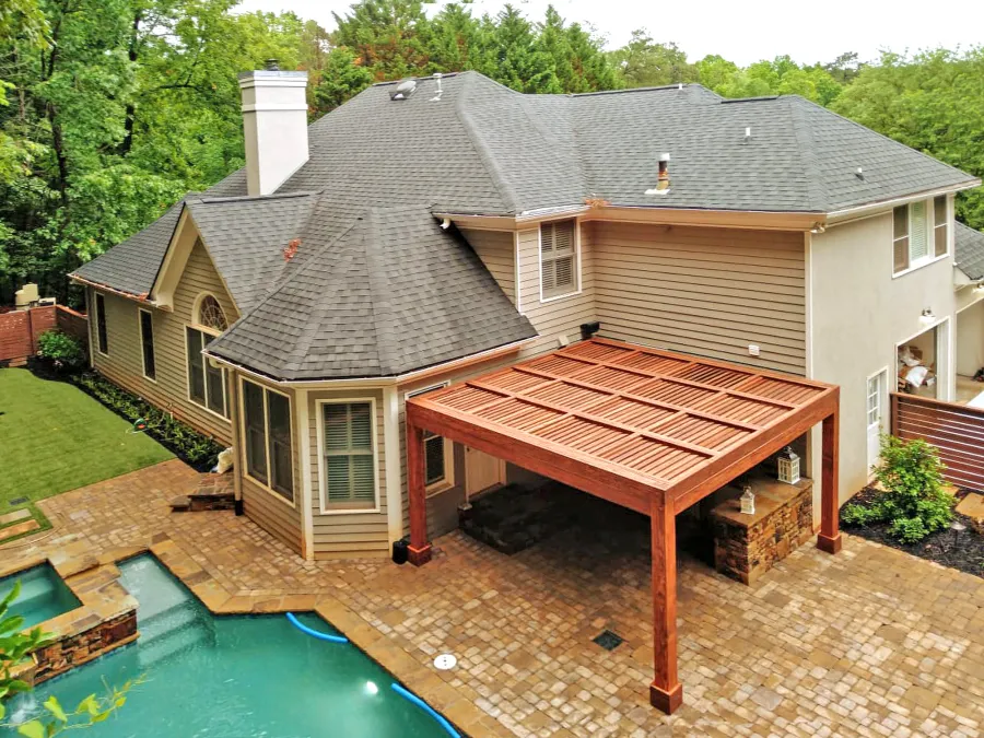 Modern Louvered Garden Pergola (Options: 15' L x 15' W, 8'' x 8'' Posts, Mobile Louvers, Douglas-fir, 9 ft H, 1 Electrical Wiring Trim, 2 Curtain Rods, 4 Post Anchor Kit for Concrete, No Post Decorative Trims, 1 Ceiling Fan Base, Coffee-Stain Premium Sealant). Photo Courtesy of J. Mcknight of Smyrna, Georgia.