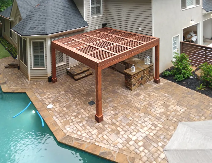 Modern Louvered Garden Pergola (Options: 15' L x 15' W, 8'' x 8'' Posts, Mobile Louvers, Douglas-fir, 9 ft H, 1 Electrical Wiring Trim, 2 Curtain Rods, 4 Post Anchor Kit for Concrete, No Post Decorative Trims, 1 Ceiling Fan Base, Coffee-Stain Premium Sealant). Photo Courtesy of J. Mcknight of Smyrna, Georgia.
