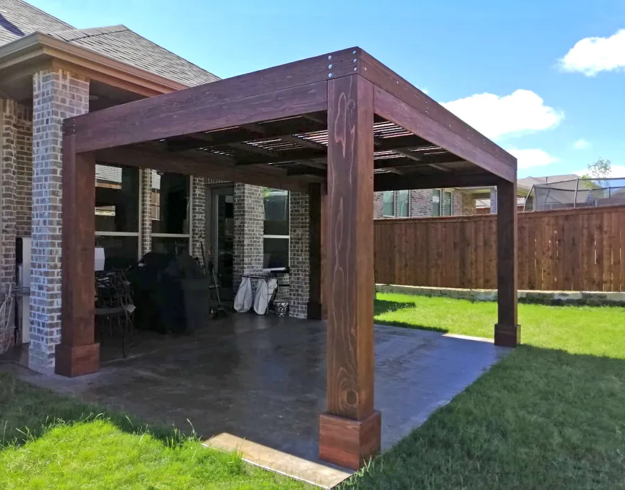 Modern Louvered Garden Pergola (Options: 16' L x 12' W, 10'' x 10'' Posts, Mobile Louvers, California Redwood, 9 ft H, 1 Electrical Wiring Trim, No Curtain Rods, 4 Post Anchor Kit for Concrete, No Post Decorative Trims, 1 Ceiling Fan Base, Coffee Stain Premium Sealant). Photo Courtesy of G. Moore of Wylie, Texas.