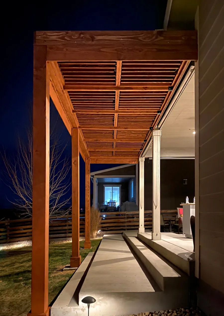 Attached Modern Louvered Garden Pergola (Options: 20' L x 8' W, 8'' x 8'' Posts, Mobile Louvers, Douglas-fir, With Fascia Boards, 12 ft H, No Electrical Wiring Trim, No Curtain Rods, 4 Post Anchor Kit for High-Wind, No Post Decorative Trims, No Ceiling Fan Base, Coffee-Stain Premium Sealant). Attached to House by Custom Request. 