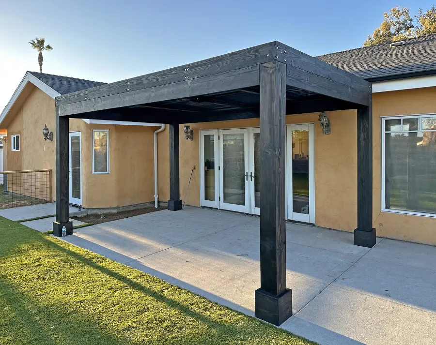 Modern Louvered Garden Pergola (Options: 16' L x 10' W, Douglas-fir, with a Ceiling Fan Base, 9.5' H Posts, Electrical Trim for 1 Post, 4-Post Anchor Kit for Concrete, Black Stain Premium Sealant).
