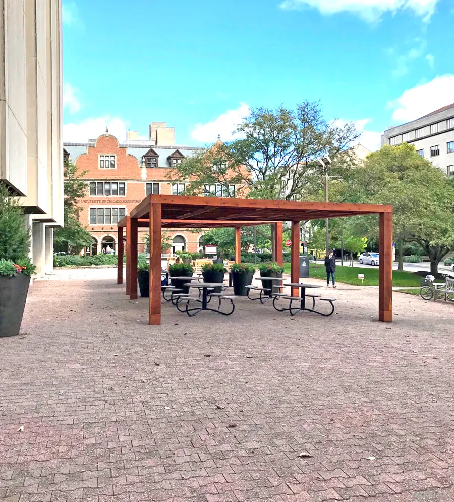 Modern Louvered Garden Pergolas (Options: 20' L x 20' W, 10'' x 10'' Posts [Anchor System for 8X8 Posts with Trim Pieces Flush for 10X10 Posts], Fixed, California Redwood, 9 ft H, No Electrical Wiring Trims, 4 Post Anchor Kit for Concrete, No Post Decorative Trims, No Ceiling Fan Base, Transparent Premium Sealant). Photo Courtesy of the University of Chicago.