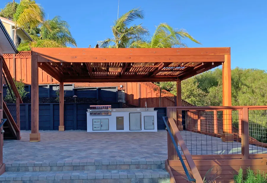 Modern Louvered Garden Pergola (Options: 20' L x 18' W, 8'' x 8'' Posts, with Fascia, Mobile Louvers, California Redwood, 9.5 ft H, Electrical Wiring Trim for 2 Posts, No Curtain Rods, 4 Post Anchor Kit for Concrete, No Post Decorative Trims, No Ceiling Fan Base, Transparent Premium Sealant). Photo Courtesy of D. Parker of San Carlos, California.