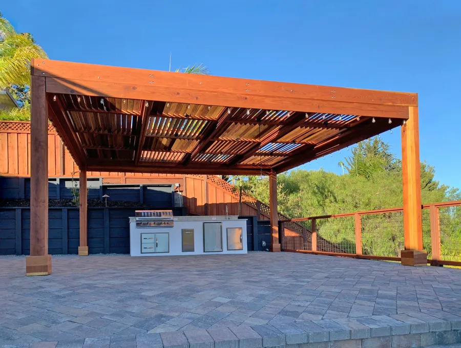Modern Louvered Garden Pergola (Options: 20' L x 18' W, 8'' x 8'' Posts, with Fascia, Mobile Louvers, California Redwood, 9.5 ft H, Electrical Wiring Trim for 2 Posts, No Curtain Rods, 4 Post Anchor Kit for Concrete, No Post Decorative Trims, No Ceiling Fan Base, Transparent Premium Sealant). Photo Courtesy of D. Parker of San Carlos, California.