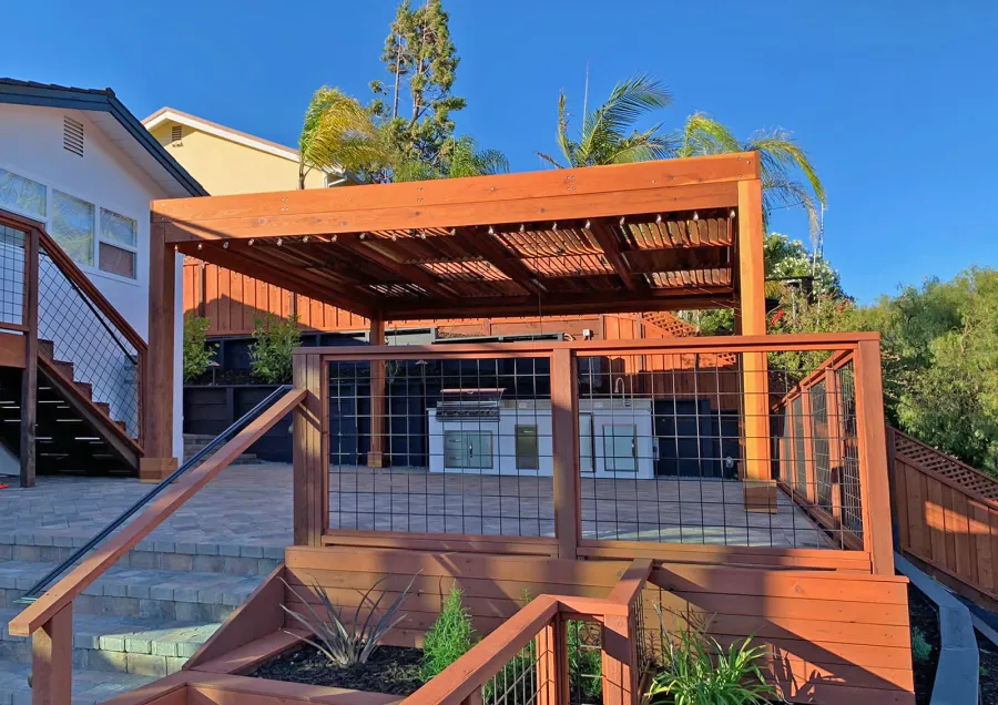 Modern Louvered Garden Pergola (Options: 20' L x 18' W, 8'' x 8'' Posts, with Fascia, Mobile Louvers, California Redwood, 9.5 ft H, Electrical Wiring Trim for 2 Posts, No Curtain Rods, 4 Post Anchor Kit for Concrete, No Post Decorative Trims, No Ceiling Fan Base, Transparent Premium Sealant). Photo Courtesy of D. Parker of San Carlos, California.