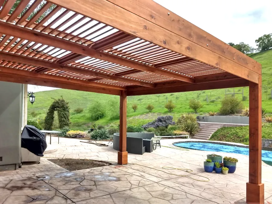 Modern Louvered Garden Pergola (Options: 20' L x 15' W, 8'' x 8'' Posts, Mobile Louvers, Mature Redwood, 9.5 ft H, 1 Electrical Wiring Trim, 4-Post Anchor Kit for High-Wind, No post decorative trims, 1 Ceiling Fan Base, Transparent Premium Sealant). Photo Courtesy of D. Ruprecht of Hollister, CA.
