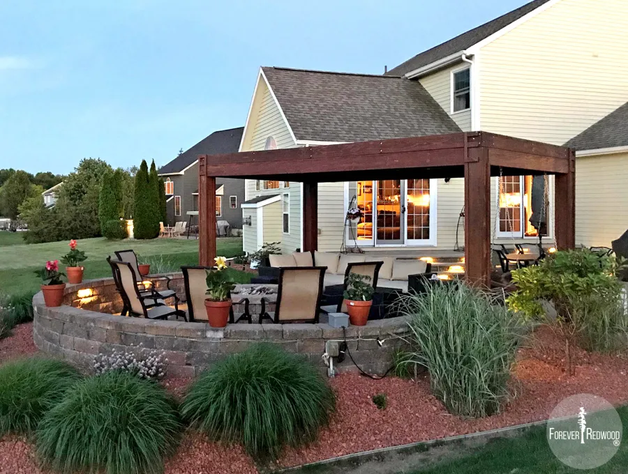 Modern Louvered Garden Pergola (Options: 10' L x 18' W, 8'' x 8'' Posts, Mobile Louvers, Mature Redwood, 9 ft H, 2 Electrical Wiring Trims, 4 Post Anchor Kit for Concrete, Custom Vertical Post Decorative Trims, No Ceiling Fan Base, Coffee-Stain Premium Sealant). Photo Courtesy of D. Gauthier of Liverpool, NY.