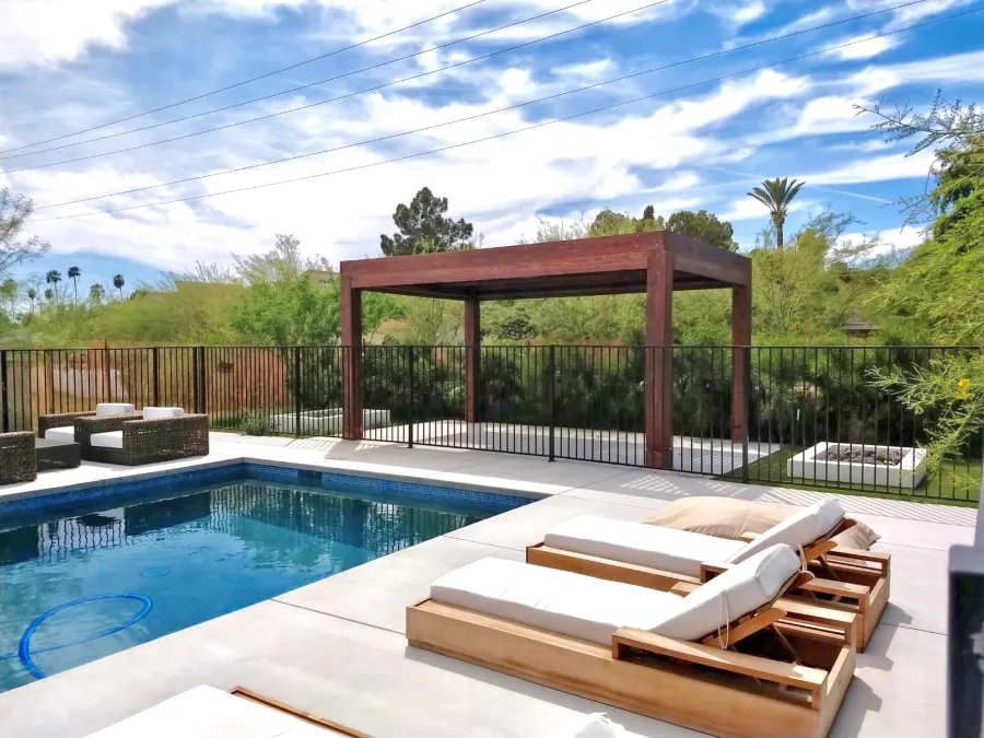 Modern Louvered Garden Pergola (Options: 18' L x 12' W, 10'' x 10'' Posts, Mobile Louvers, California Redwood, 9.5 ft H, 1 Electrical Wiring Trim, 2 Curtain Rods, 4 Post Anchor Kit for Concrete [Seamless by Custom Request], No Post Decorative Trims, 1 Ceiling Fan Base, Coffee-Stain Premium Sealant). Photo Courtesy of G. Hewson of Phoenix, Arizona.