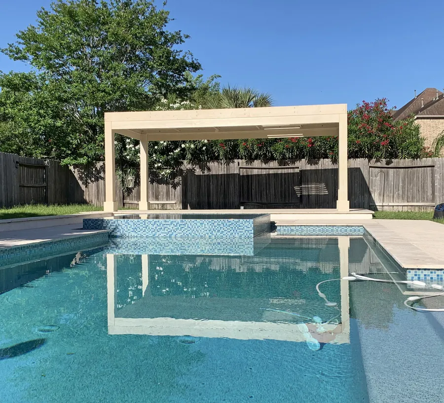 Custom Modern Louvered Garden Pergola (Options: 20' L x 10' W, 8'' x 8'' Posts, Mobile Louvers, Douglas-fir, 8.5 ft H, 1 Electrical Wiring Trim, No Curtain Rods, 4 Post Anchor Kit for Concrete, 2 Ceiling Fan Bases, White Stain Premium Sealant). Photo Courtesy of G. Rodriguez of Cypress, TX.