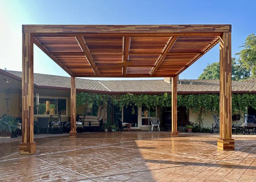 Modern Louvered Garden Pergola (Options: 16' L x 14' W, 8'' x 8'' Posts, Mobile Louvers, Mosaic Redwood, 9.5 ft H, No Electrical Wiring Trim, No Curtain Rods, 4 Post Anchor Kit for Concrete, No Post Decorative Trims, 1 Ceiling Fan Base, Transparent Premium Sealant). Photo Courtesy of J. Holmquist of Madera, CA.