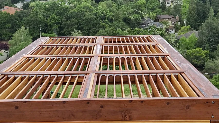 Modern Louvered Garden Pergola (Options: 20' L x 10' W, 8'' x 8'' Posts, Mobile Louvers, California Redwood, No Privacy Wall, Electrical Wiring Trim for 2 Posts, With Fascia, 4 Curtain Rods, 4 Post Anchor Kit for Concrete, No Post Decorative Trims, No Ceiling Fan Base, Transparent Premium Sealant). Photo Courtesy of J. Holder of Lafayette, CA.
