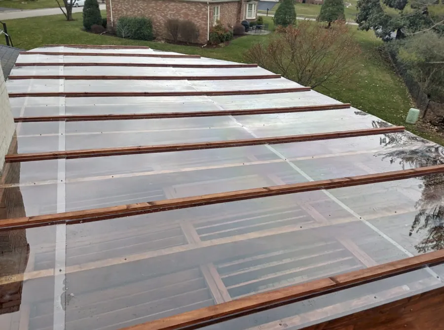 Custom Modern Louvered Garden Pergola (Options: 32' L x 18' W, 10'' x 10'' Posts, Mobile Louvers, Douglas-fir, 10 ft H, No Electrical Wiring Trim, No Curtain Rods, 6 Post Anchor Kit for Concrete, No Ceiling Fan Base, No Trim Kits for The Posts, Transparent Premium Sealant, with Rain Guard System for Waterproofing). Photo Courtesy of J. Cole of Louisville, Kentucky.