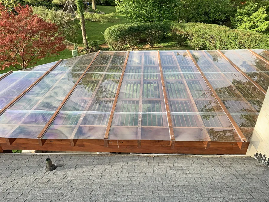 Custom Modern Louvered Garden Pergola (Options: 32' L x 18' W, 10'' x 10'' Posts, Mobile Louvers, Douglas-fir, 10 ft H, No Electrical Wiring Trim, No Curtain Rods, 6 Post Anchor Kit for Concrete, No Ceiling Fan Base, No Trim Kits for The Posts, Transparent Premium Sealant, with Rain Guard System for Waterproofing). Photo Courtesy of J. Cole of Louisville, Kentucky.