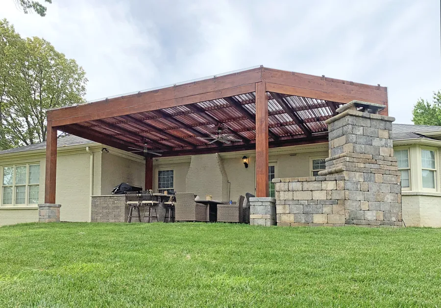 Custom Modern Louvered Garden Pergola (Options: 32' L x 18' W, 10'' x 10'' Posts, Mobile Louvers, Douglas-fir, 10 ft H, No Electrical Wiring Trim, No Curtain Rods, 6 Post Anchor Kit for Concrete, No Ceiling Fan Base, No Trim Kits for The Posts, Transparent Premium Sealant, with Rain Guard System for Waterproofing). Photo Courtesy of J. Cole of Louisville, Kentucky.