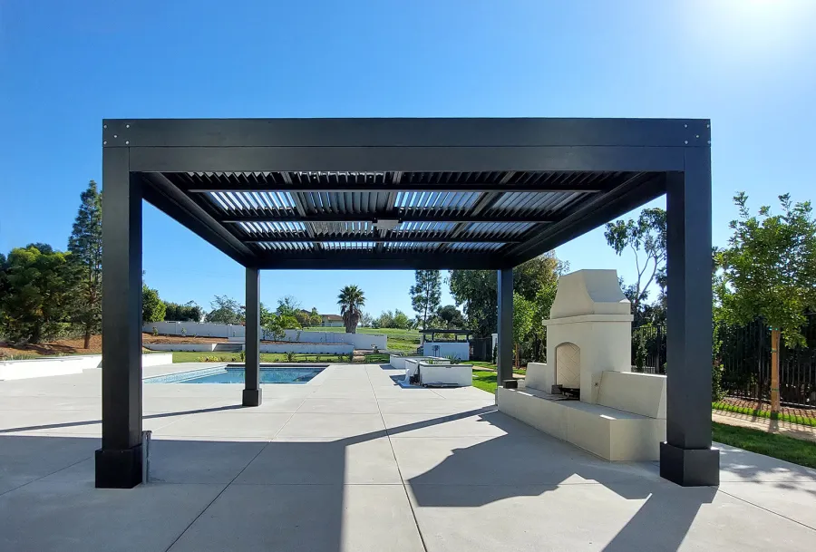 Modern Louvered Garden Pergola (Options: 17' L x 16'-6'' W, 10'' x 10'' Posts, Mobile Louvers, Douglas-fir, 9.5 ft H, 2 Electrical Wiring Trims, With Fascia, No Curtain Rods, 4 Post Anchor Kit for Concrete, No Post Decorative Trims, 1 Ceiling Fan Base, Black Stain Premium Sealant).