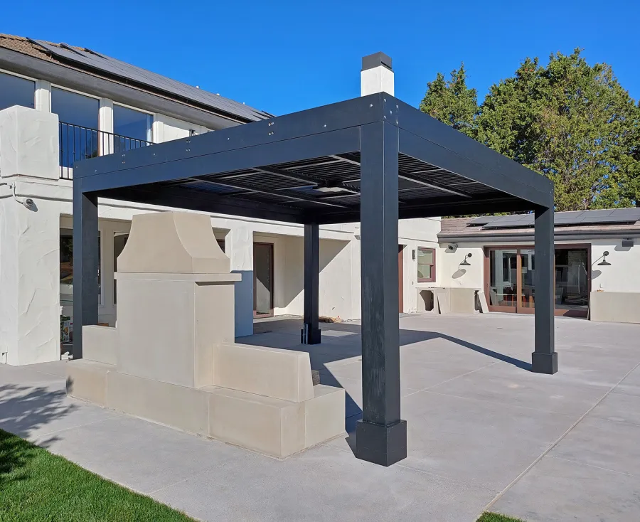 Modern Louvered Garden Pergola (Options: 17' L x 16'-6'' W, 10'' x 10'' Posts, Mobile Louvers, Douglas-fir, 9.5 ft H, 2 Electrical Wiring Trims, With Fascia, No Curtain Rods, 4 Post Anchor Kit for Concrete, No Post Decorative Trims, 1 Ceiling Fan Base, Black Stain Premium Sealant).