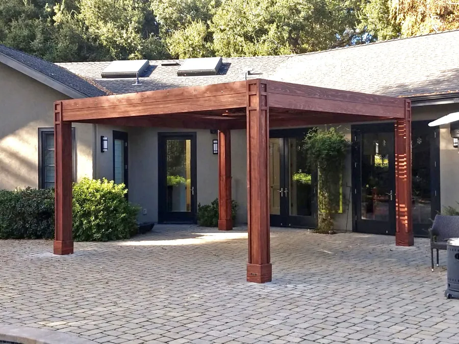 Modern Louvered Garden Pergola (Options: 16' L x 16' W, 8'' x 8'' Posts, Mobile Louvers, California Redwood, 9.5 ft H, 1 Electrical Wiring Trim, No Curtain Rods, 4 Post Anchor Kit for Concrete, 1 Ceiling Fan Base, Custom Vertical Trim Kits for The Posts, Coffee-Stain Premium Sealant). Photo Courtesy of L. Arms of Atherton, California.