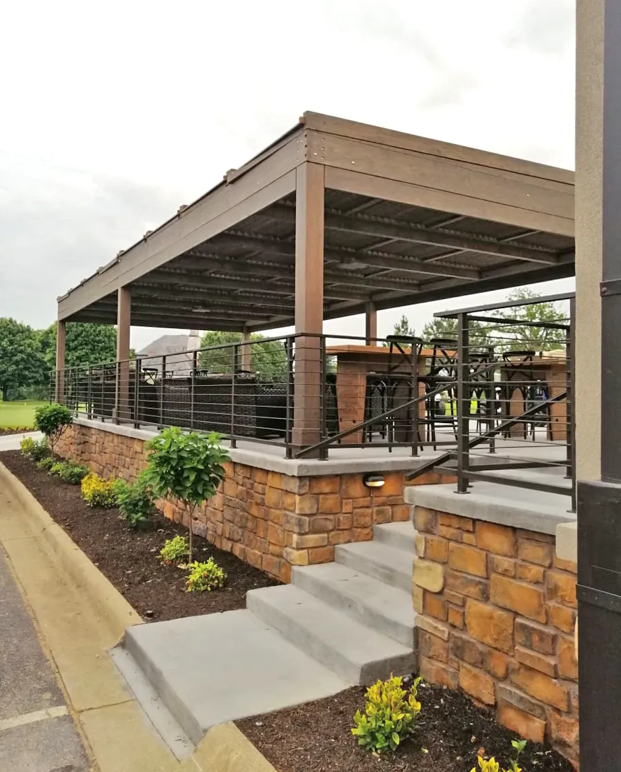 Modern Louvered Garden Pergola (Options: 44' L x 18' W, 8'' x 8'' Posts, Mobile Louvers, Douglas-fir, 10 ft H, No Electrical Wiring Trim, 4 Curtain Rods, 6 Post Anchor Kit for Concrete, With Clear Polycarbonate Roofing Atop Pergola Framing by Custom Request, No Post Decorative Trims, No Ceiling Fan Bases, Coffee-Stain Premium Sealant). Photo Courtesy of M. Hudson of Rogers, Arkansas.