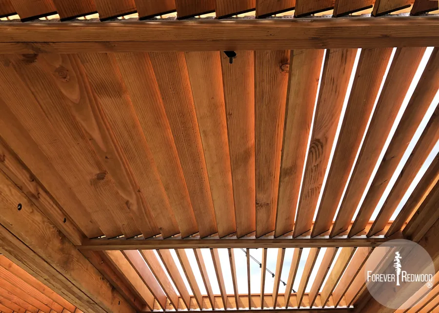 Modern Louvered Garden Pergola (Options: 40' L x 24' W, 8'' x 8'' Posts, Mobile Louvers, Douglas-fir, 10 ft H, No Electrical Wiring Trim, 6-Post Anchor Kit for High-Wind, No post decorative trims, No Ceiling Fan Base, Transparent Premium Sealant). Photo Courtesy of the Miami Open at Dolphins Stadium in Miami, Florida.