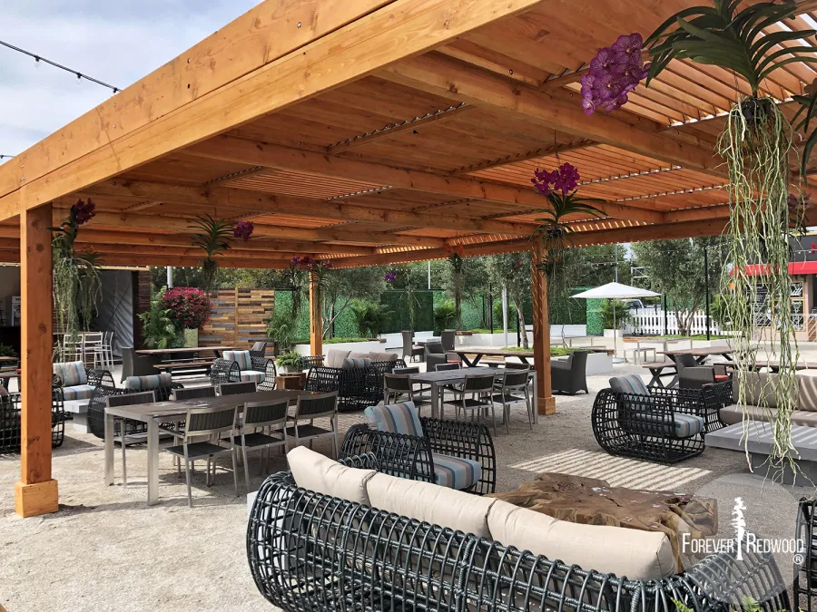 Modern Louvered Garden Pergola (Options: 40' L x 24' W, 8'' x 8'' Posts, Mobile Louvers, Douglas-fir, 10 ft H, No Electrical Wiring Trim, 6-Post Anchor Kit for High-Wind, No post decorative trims, No Ceiling Fan Base, Transparent Premium Sealant). Photo Courtesy of the Miami Open at Dolphins Stadium in Miami, Florida.