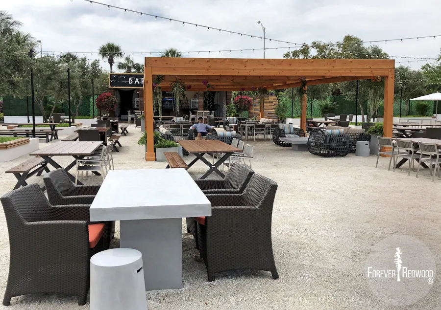 Modern Louvered Garden Pergola (Options: 40' L x 24' W, 8'' x 8'' Posts, Mobile Louvers, Douglas-fir, 10 ft H, No Electrical Wiring Trim, 6-Post Anchor Kit for High-Wind, No post decorative trims, No Ceiling Fan Base, Transparent Premium Sealant). Photo Courtesy of the Miami Open at Dolphins Stadium in Miami, Florida.