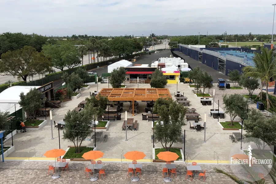 Modern Louvered Garden Pergola (Options: 40' L x 24' W, 8'' x 8'' Posts, Mobile Louvers, Douglas-fir, 10 ft H, No Electrical Wiring Trim, 6-Post Anchor Kit for High-Wind, No post decorative trims, No Ceiling Fan Base, Transparent Premium Sealant). Photo Courtesy of the Miami Open at Dolphins Stadium in Miami, Florida.