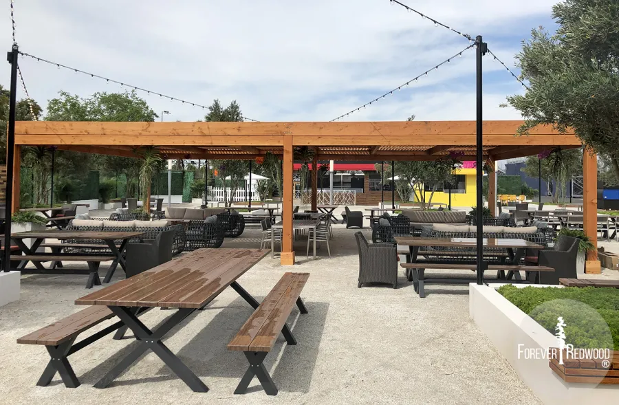 Modern Louvered Garden Pergola (Options: 40' L x 24' W, 8'' x 8'' Posts, Mobile Louvers, Douglas-fir, 10 ft H, No Electrical Wiring Trim, 6-Post Anchor Kit for High-Wind, No post decorative trims, No Ceiling Fan Base, Transparent Premium Sealant). Photo Courtesy of the Miami Open at Dolphins Stadium in Miami, Florida.