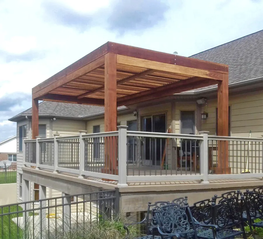 Modern Louvered Garden Pergola (Options: 20' L x 12' W, 8'' x 8'' Posts, Mobile Louvers, California Redwood, 9.5 ft H, 1 Electrical Wiring Trim, 1 Curtain Rod, 4 Post Anchor Kit for Concrete, No Post Decorative Trims, No Ceiling Fan Base, Transparent Premium Sealant). Photo Courtesy of N. Korte of Trenton, Illinois.