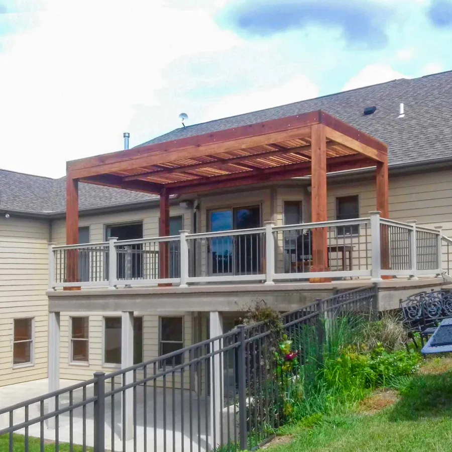 Modern Louvered Garden Pergola (Options: 20' L x 12' W, 8'' x 8'' Posts, Mobile Louvers, California Redwood, 9.5 ft H, 1 Electrical Wiring Trim, 1 Curtain Rod, 4 Post Anchor Kit for Concrete, No Post Decorative Trims, No Ceiling Fan Base, Transparent Premium Sealant). Photo Courtesy of N. Korte of Trenton, Illinois.
