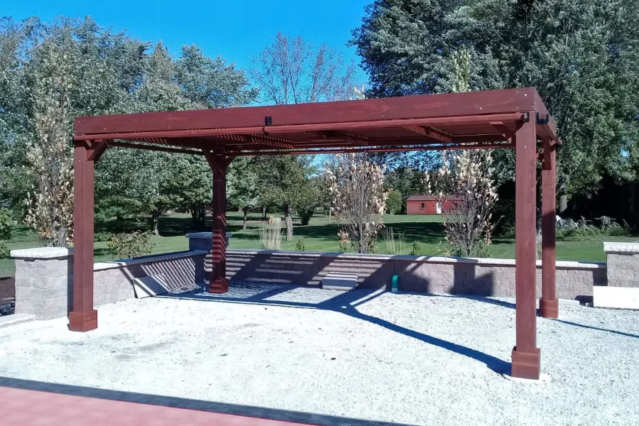 Modern Louvered Garden Pergola (Options: 20' L x 12' W, 8'' x 8'' Posts, Mobile Louvers, California Redwood, 9.5 ft H, No Electrical Wiring Trim, 4 Curtain Rods, 4 Post Anchor Kit for Concrete, No post decorative trims, No Ceiling Fan Base, Coffee-Stain Premium Sealant). Photo Courtesy of R. RybarskI of Palos Park, Illinois. 