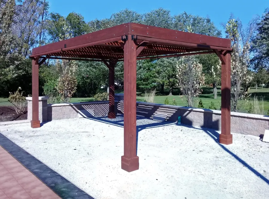 Modern Louvered Garden Pergola (Options: 20' L x 12' W, 8'' x 8'' Posts, Mobile Louvers, California Redwood, 9.5 ft H, No Electrical Wiring Trim, 4 Curtain Rods, 4 Post Anchor Kit for Concrete, No post decorative trims, No Ceiling Fan Base, Coffee-Stain Premium Sealant). Photo Courtesy of R. RybarskI of Palos Park, Illinois. 