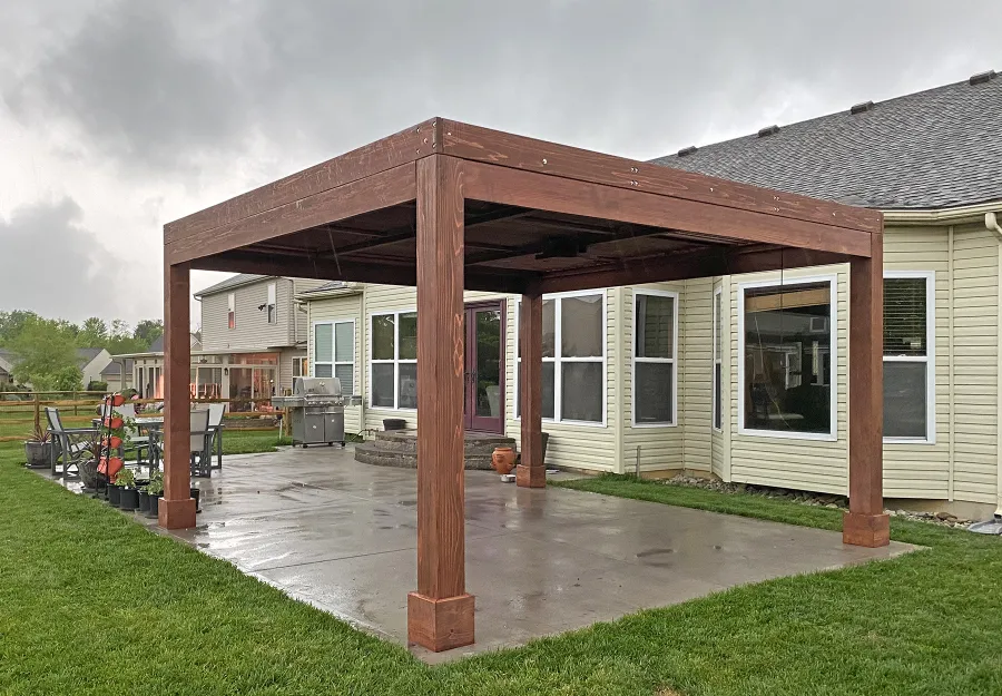 Modern Louvered Garden Pergola (Options: 14' L x 14' W, 8'' x 8'' Posts, Mobile Louvers, California Redwood, 9 ft H, 1 Electrical Wiring Trim, No Curtain Rods, 4 Post Anchor Kit for Concrete, No Post Decorative Trims, 1 Ceiling Fan Base, Coffee Stain Premium Sealant).