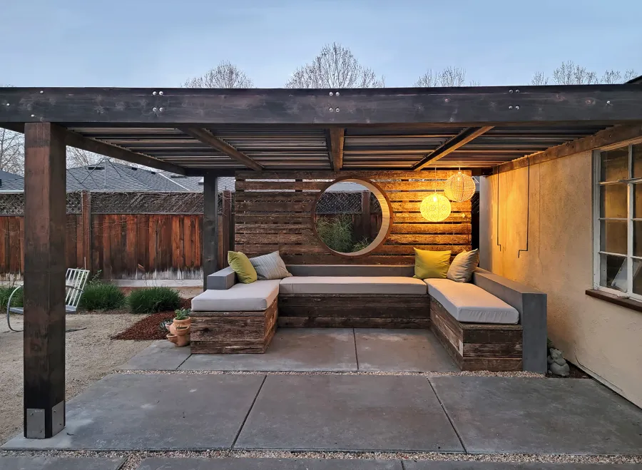 Modern Louvered Garden Pergola (Options: 16' L x 14' W, 8'' x 8'' Posts, Mobile Louvers, California Redwood, 9.5 ft H Posts, No Electrical Wiring Trim, No Curtain Rods, Custom Anchors, No Post Decorative Trims, No Ceiling Fan Base, Custom Finish). Photo Courtesy of T. Elam of San Jose, CA.