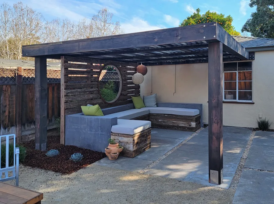 Modern Louvered Garden Pergola (Options: 16' L x 14' W, 8'' x 8'' Posts, Mobile Louvers, California Redwood, 9.5 ft H Posts, No Electrical Wiring Trim, No Curtain Rods, Custom Anchors, No Post Decorative Trims, No Ceiling Fan Base, Custom Finish). Photo Courtesy of T. Elam of San Jose, CA.