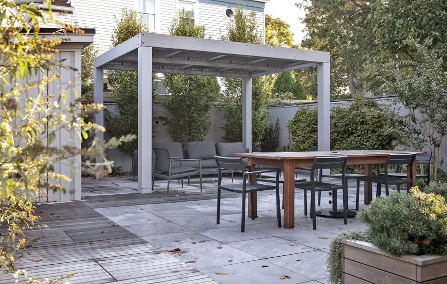 Modern Louvered Garden Pergola (Options: 14' L x 10' W, 8'' x 8'' Posts, Mobile Louvers, Old-Growth Redwood, 9.5 ft H, No Electrical Wiring Trim, No Curtain Rods, 4 Post Anchor Kit for High-Wind [Seamless by Custom Request], No Post Decorative Trims, No Ceiling Fan Base, Custom Paint [Platinum Grey]). Photo Courtesy of D. West of Weehawken, New Jersey.