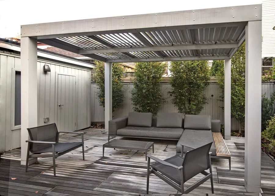 Modern Louvered Garden Pergola (Options: 14' L x 10' W, 8'' x 8'' Posts, Mobile Louvers, Old-Growth Redwood, 9.5 ft H, No Electrical Wiring Trim, No Curtain Rods, 4 Post Anchor Kit for High-Wind [Seamless by Custom Request], No Post Decorative Trims, No Ceiling Fan Base, Custom Paint [Platinum Grey]). Photo Courtesy of D. West of Weehawken, New Jersey.