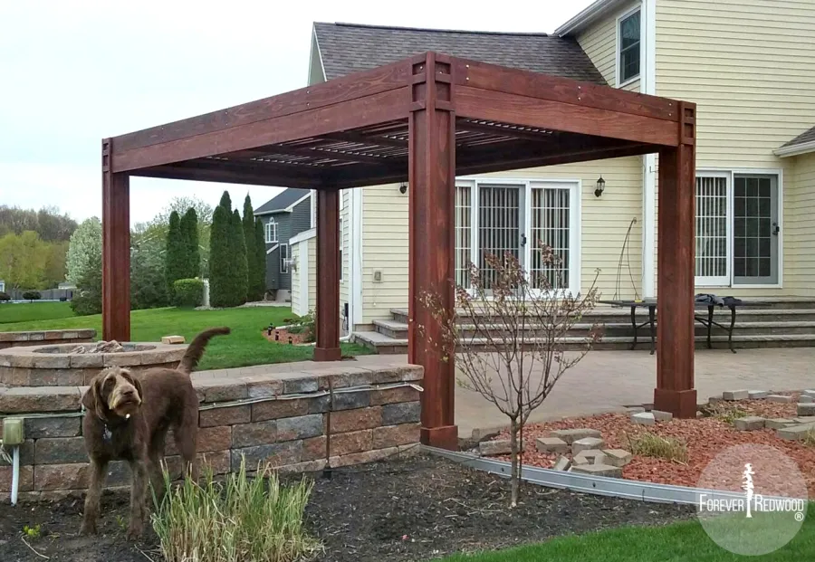 Modern Louvered Garden Pergola (Options: 10' L x 18' W, 8'' x 8'' Posts, Mobile Louvers, Mature Redwood, 9 ft H, 2 Electrical Wiring Trims, 4 Post Anchor Kit for Concrete, Custom Vertical Post Decorative Trims, No Ceiling Fan Base, Coffee-Stain Premium Sealant). Photo Courtesy of D. Gauthier of Liverpool, NY.