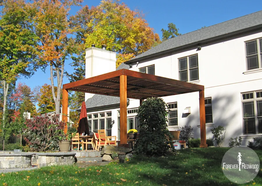 Modern Louvered Garden Pergola (Options: 18' L x 14' W, 8'' x 8'' Posts, Mobile Louvers, California Redwood, 9ft H, No Electrical Wiring Trim, 4 Post Anchor Kit for Stone, brick or Concrete, No post decorative trims, No Ceiling Fan Base, No Curtain Rods, Transparent Premium Sealant). Photo Courtesy of P. Falla of Putnam Valley, NY.