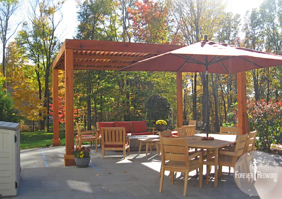 Modern Louvered Garden Pergola (Options: 18' L x 14' W, 8'' x 8'' Posts, Mobile Louvers, California Redwood, 9ft H, No Electrical Wiring Trim, 4 Post Anchor Kit for Stone, brick or Concrete, No post decorative trims, No Ceiling Fan Base, No Curtain Rods, Transparent Premium Sealant). Photo Courtesy of P. Falla of Putnam Valley, NY.