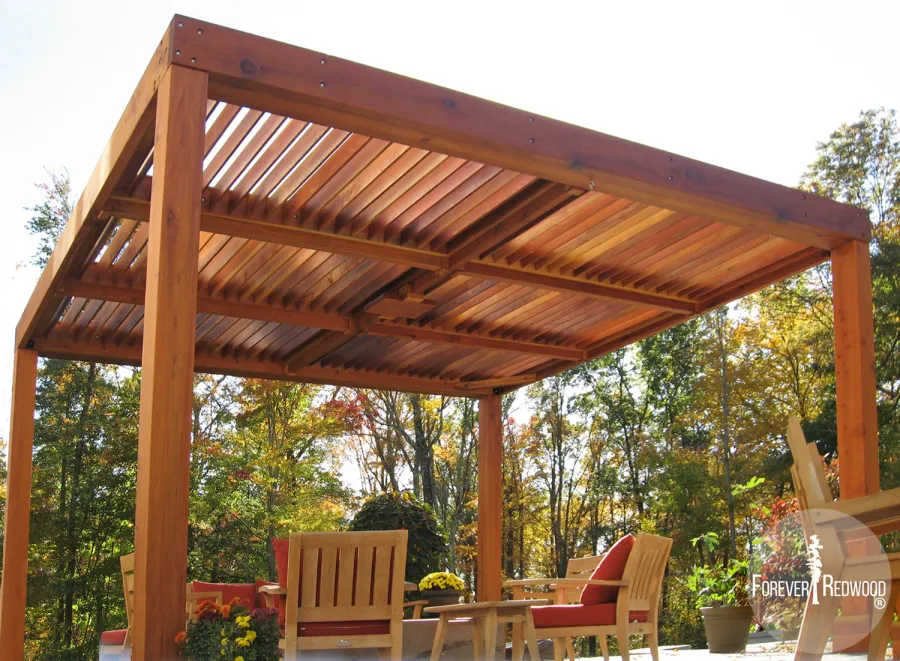 Modern Louvered Garden Pergola (Options: 18' L x 14' W, 8'' x 8'' Posts, Mobile Louvers, California Redwood, 9ft H, No Electrical Wiring Trim, 4 Post Anchor Kit for Stone, brick or Concrete, No post decorative trims, No Ceiling Fan Base, No Curtain Rods, Transparent Premium Sealant). Photo Courtesy of P. Falla of Putnam Valley, NY.