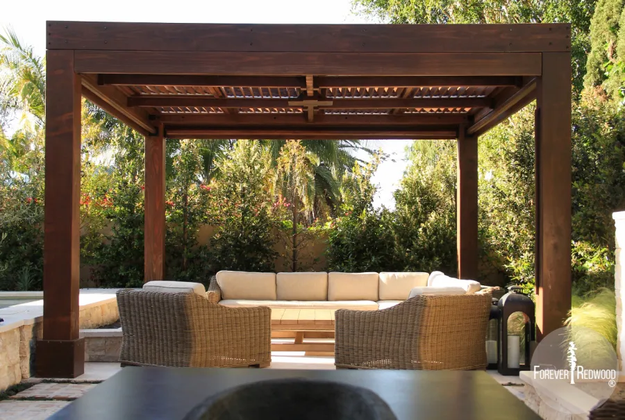 Modern Louvered Garden Pergola (Options: 16' L x 16' W, 10'' x 10'' Posts, Mobile Louvers, California Redwood, 9.5ft H, Electrical Wiring Trim for 1 Post, 4 Post Anchor Kit for Concrete, No post decorative trims, Add a Ceiling Fan Base, 4 Curtain Rods, Coffee Stain Sealant). Photo Courtesy of S. Gillin of Del Mar, CA.