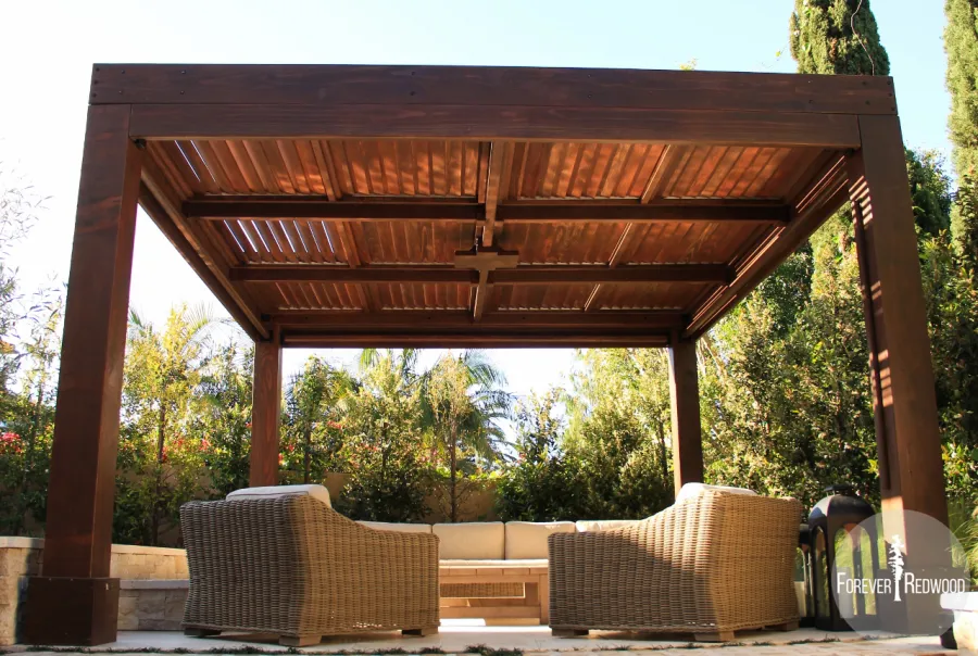 Modern Louvered Garden Pergola (Options: 16' L x 16' W, 10'' x 10'' Posts, Mobile Louvers, California Redwood, 9.5ft H, Electrical Wiring Trim for 1 Post, 4 Post Anchor Kit for Concrete, No post decorative trims, Add a Ceiling Fan Base, 4 Curtain Rods, Coffee Stain Sealant). Photo Courtesy of S. Gillin of Del Mar, CA.