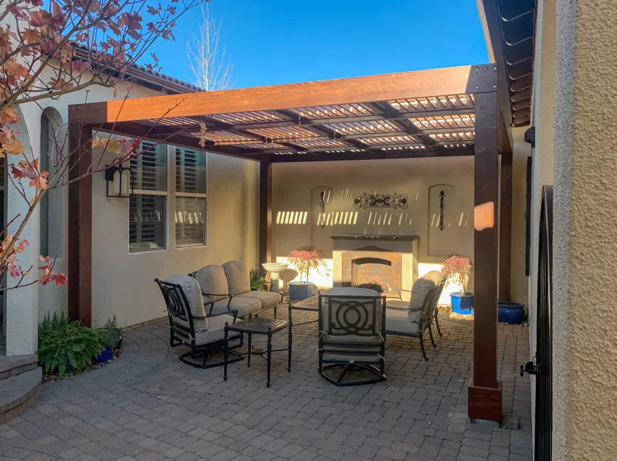 Modern Louvered Garden Pergola (Options: 16' L x 16' W, 8'' x 8'' Posts, Mobile Louvers, California Redwood, 9.5 ft H, No Electrical Wiring Trim, No Curtain Rods, 4 Post Anchor Kit for Concrete, No Post Decorative Trims, No Ceiling Fan Base, Coffee-Stain Premium Sealant). Photo Courtesy of T. Duvall of Reno, Nevada.